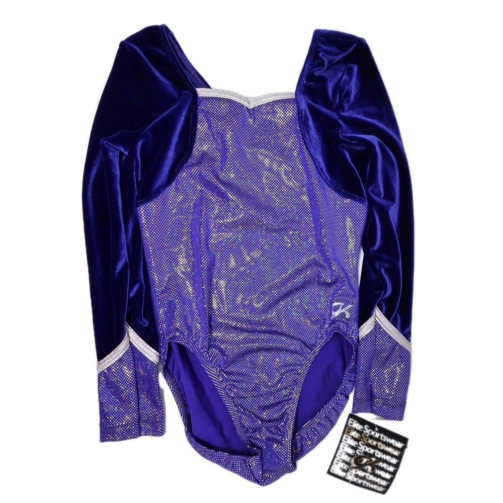 GK Elite VTG Royal Pixelated LS Velvet Sleeves Leotard Blue Violet AS Adult S - Picture 8 of 16